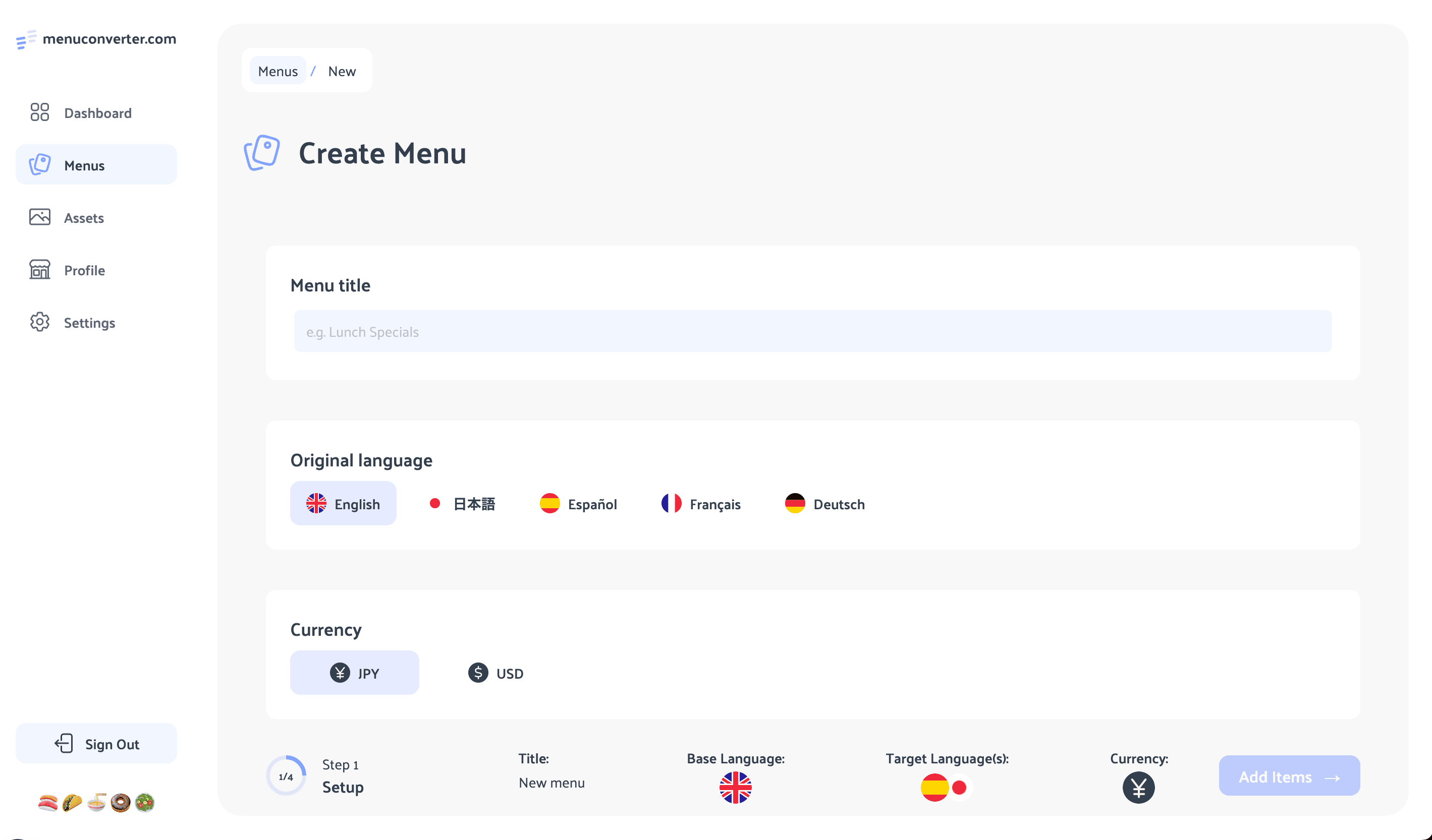 Dashboard screenshot for Set Up Your Menu